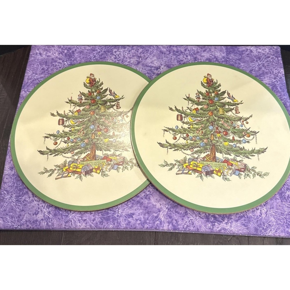 Spode Christmas Tree Casserole Stand Trivet 10" Round Cork Back Holiday Set Of 2